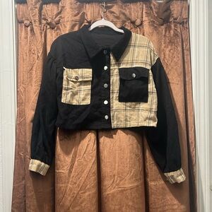 SHEIN Black Corduroy & Beige Plaid Cropped Jacket